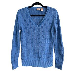NorthCrest Women’s Powder Blue Cable Knit Cotton V-Neck Sweater Sz M Cabincore